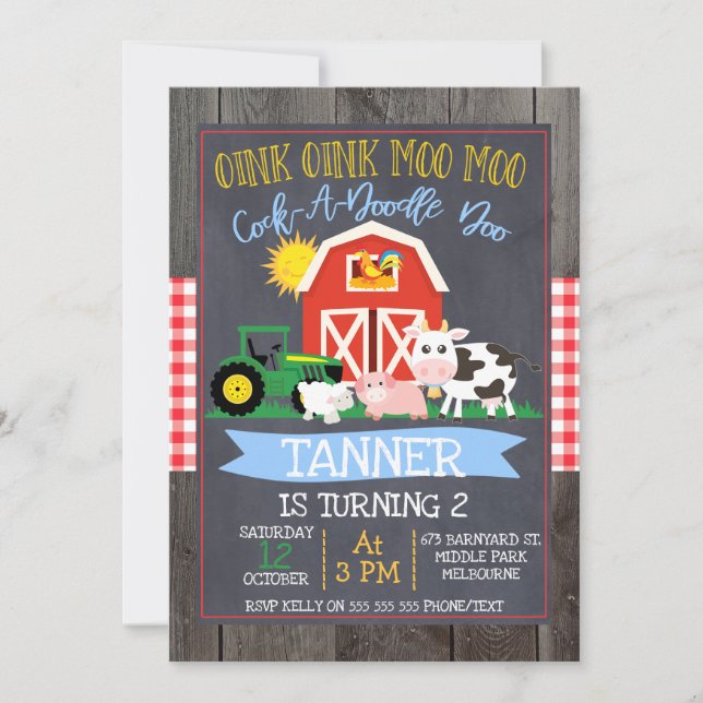 Invitación de cumpleaños de Boys Farm Barnyard Cha (Anverso)