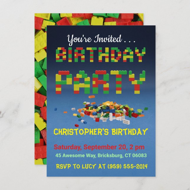 Invitación de cumpleaños de Brickbuilder (Anverso / Reverso)