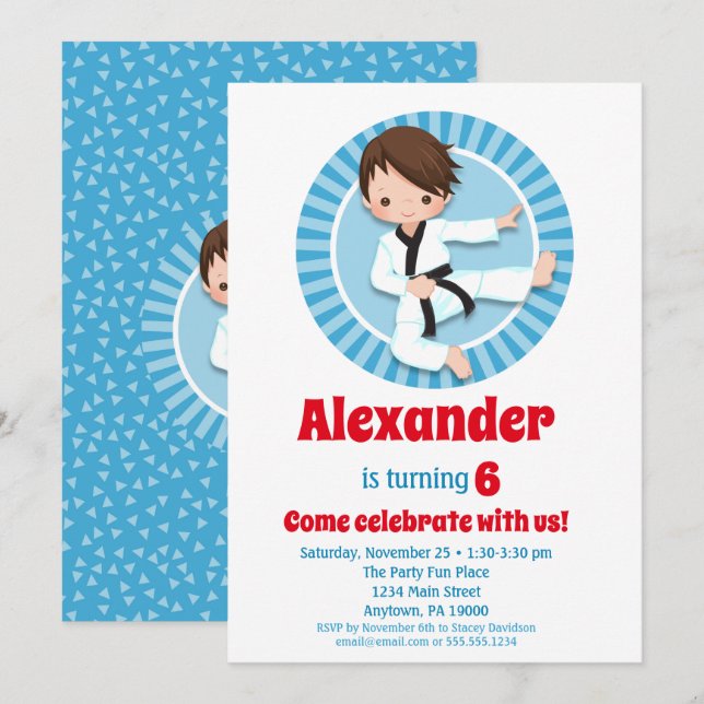 Invitación de cumpleaños de Brown Hair Karate Judo (Anverso / Reverso)