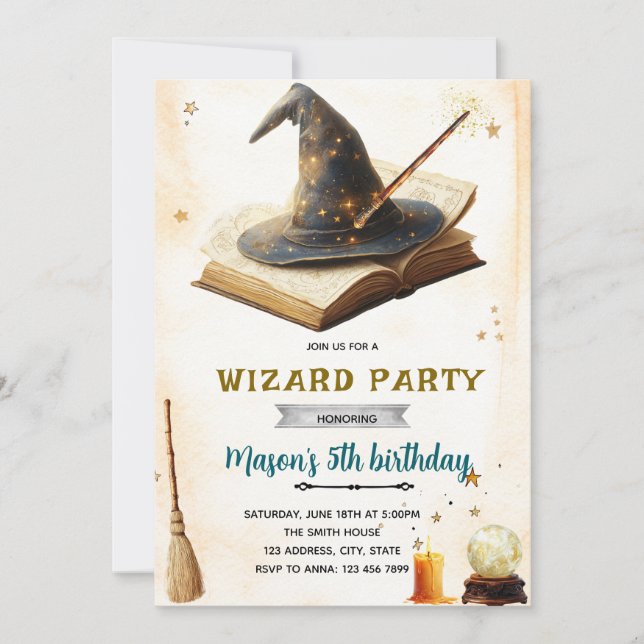 invitación de cumpleaños de bruja de mago (Anverso)