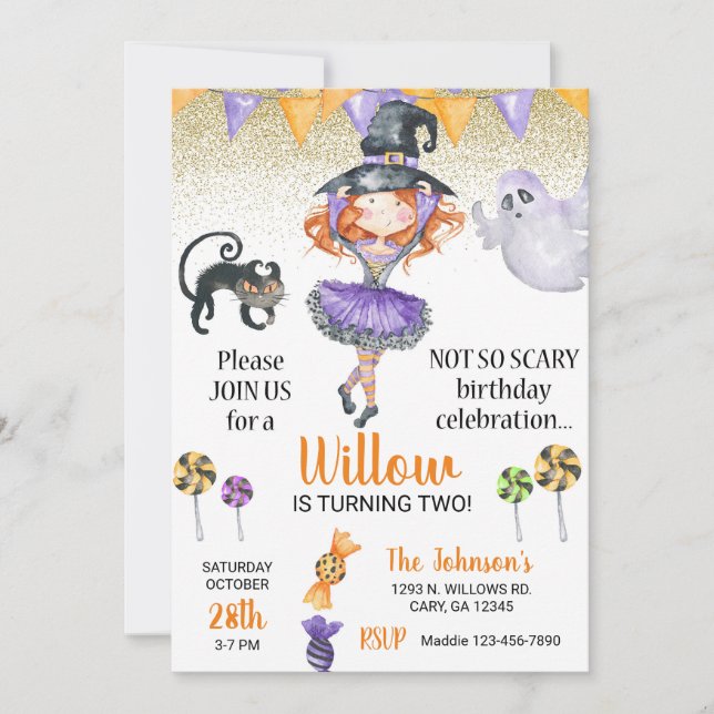 Invitación de cumpleaños de brujas chicas de Hallo (Anverso)