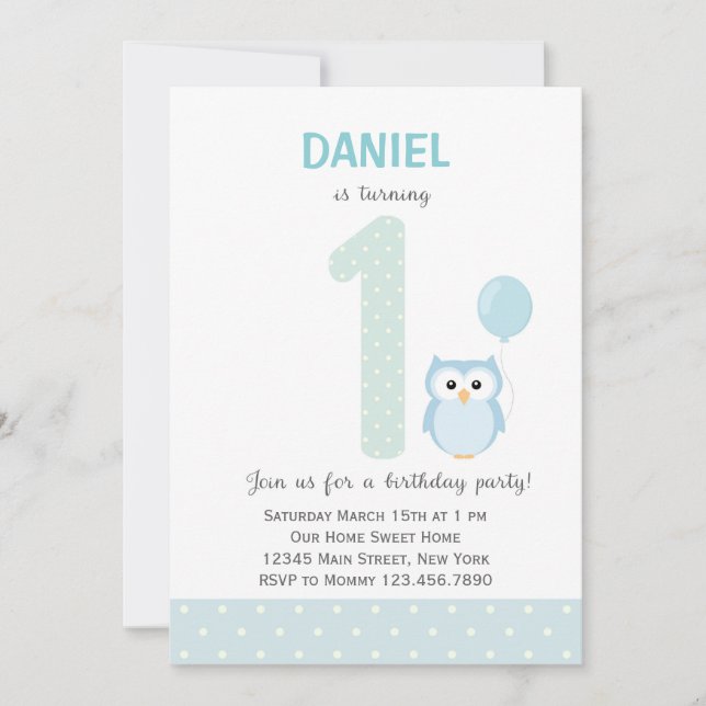Invitación de cumpleaños de búho (azul) (Anverso)