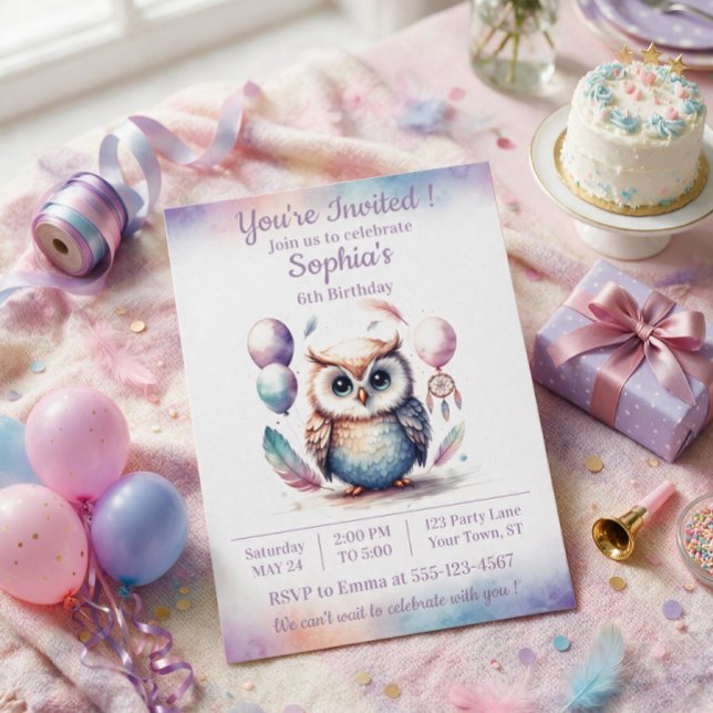 Invitación de cumpleaños de búho boho — Niños ador (Boho Owl Birthday Invitation — Cute Woodland Kids Party Invite)