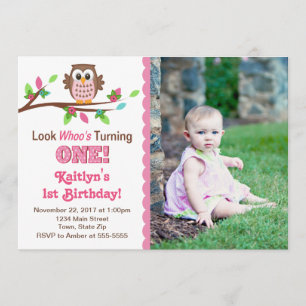 Invitación de cumpleaños de búho Chica rosa primer