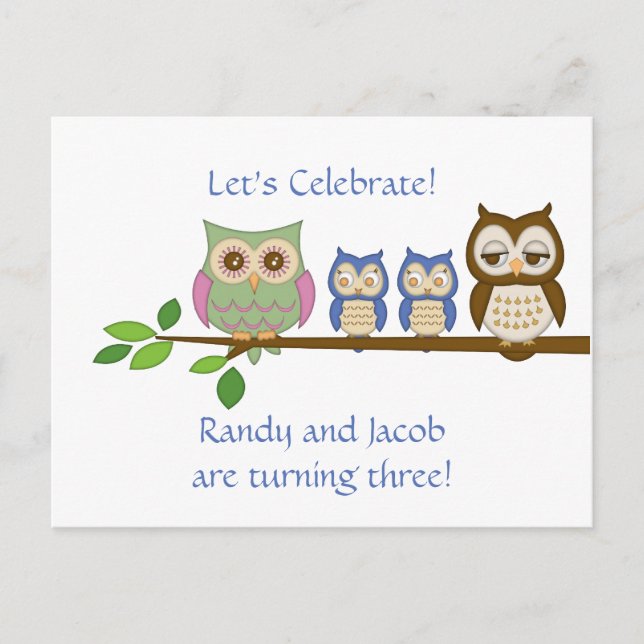Invitación de cumpleaños de búho gemelos (Anverso)