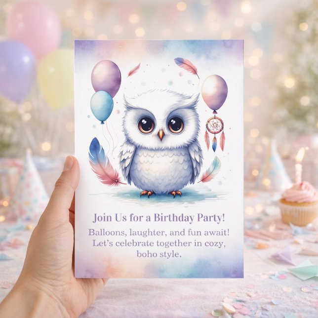 Invitación de cumpleaños de búho nevado pequeño Bo (Little Snowy Owl Birthday Invitation Boho)