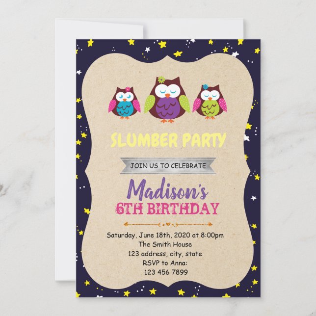 invitación de cumpleaños de búho nocturno (Anverso)