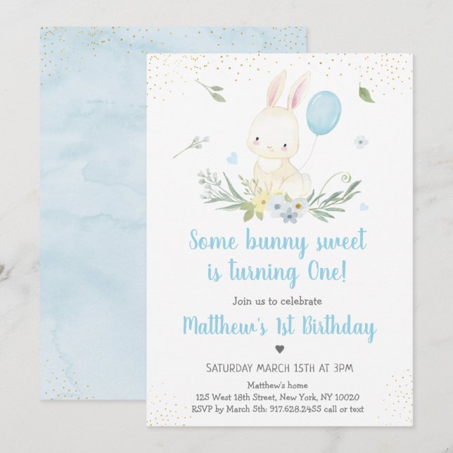 Invitación de cumpleaños de Bunny Blue Boy Greener (Anverso / Reverso)