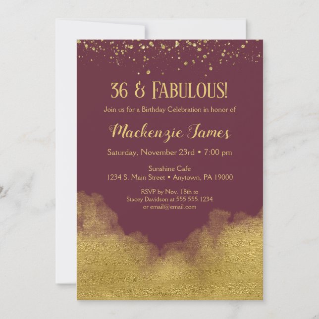 Invitación de cumpleaños de Burgundy Gold Confetti (Anverso)