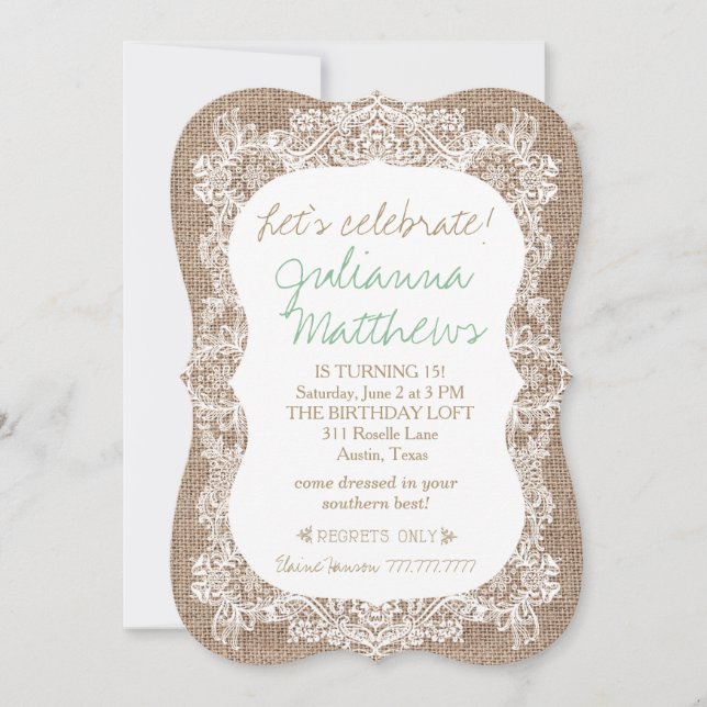 Invitación de cumpleaños de Burlap y Lace (Anverso)