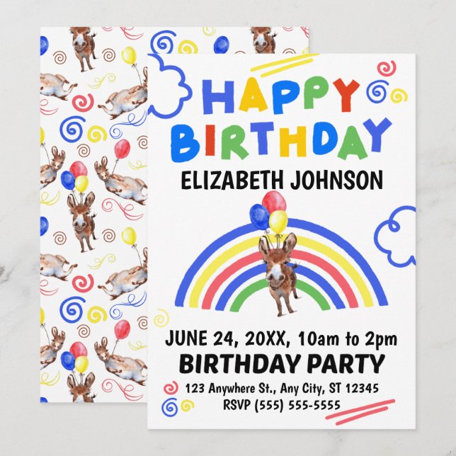 Invitación de Cumpleaños de Burro Blanca (Anverso / Reverso)