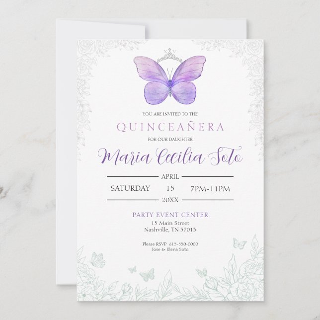 Invitación de cumpleaños de Butterfly Quinceañera (Anverso)