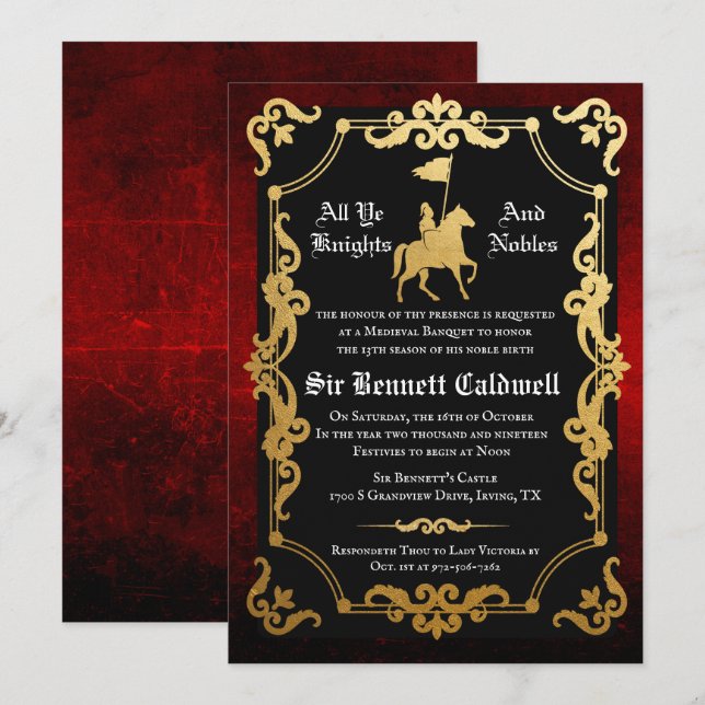 Invitación de cumpleaños de caballero medieval jus (Anverso / Reverso)