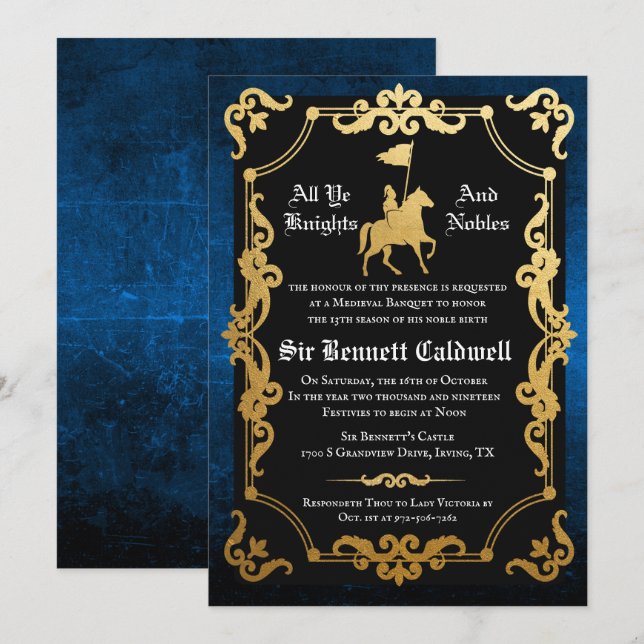 Invitación de cumpleaños de caballero medieval jus (Anverso / Reverso)