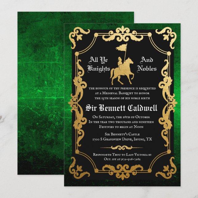Invitación de cumpleaños de caballero medieval jus (Anverso / Reverso)
