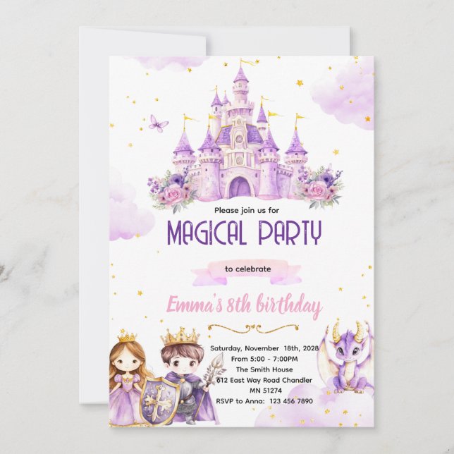 invitación de cumpleaños de caballero princesa púr (Anverso)