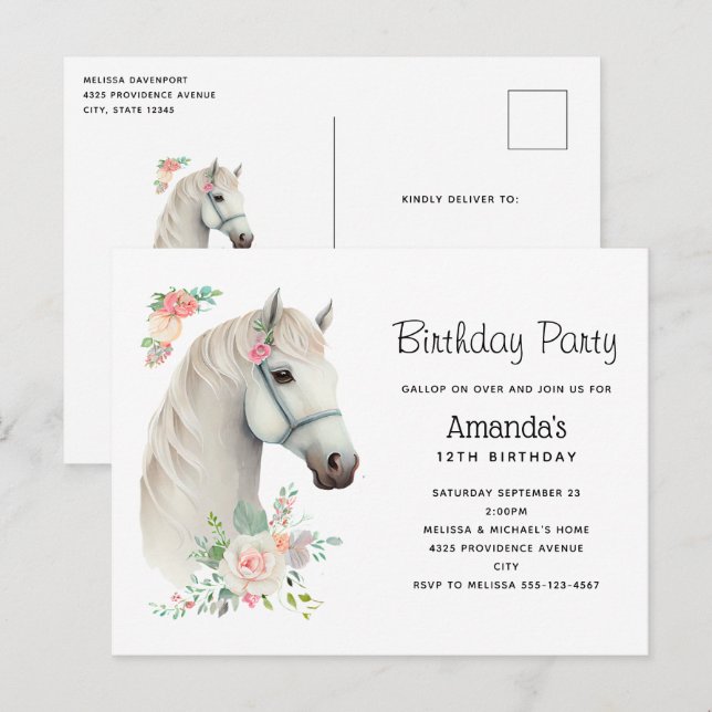 Invitación de cumpleaños de caballo blanco boho fl (Anverso / Reverso)