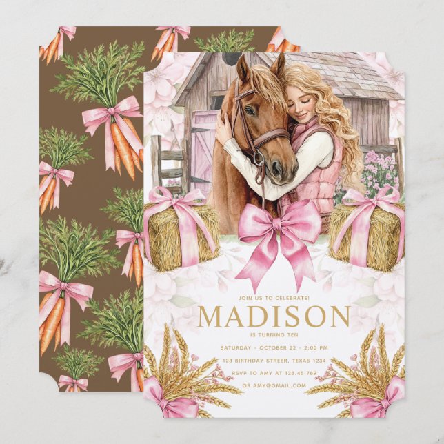 Invitación de cumpleaños de caballo Blush Barn con (Anverso / Reverso)