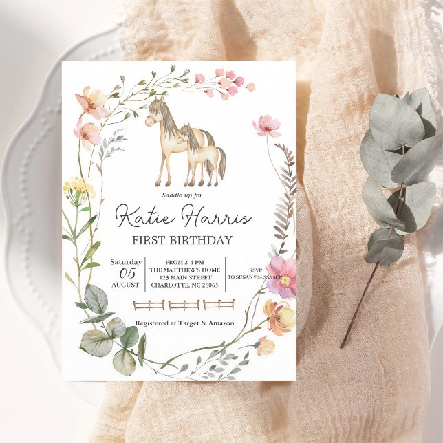 Invitación de cumpleaños de caballo con flores sil (Subido por el creador)