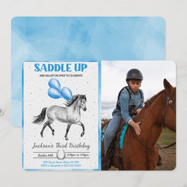 Invitación de cumpleaños de caballo con foto edita (Anverso / Reverso)