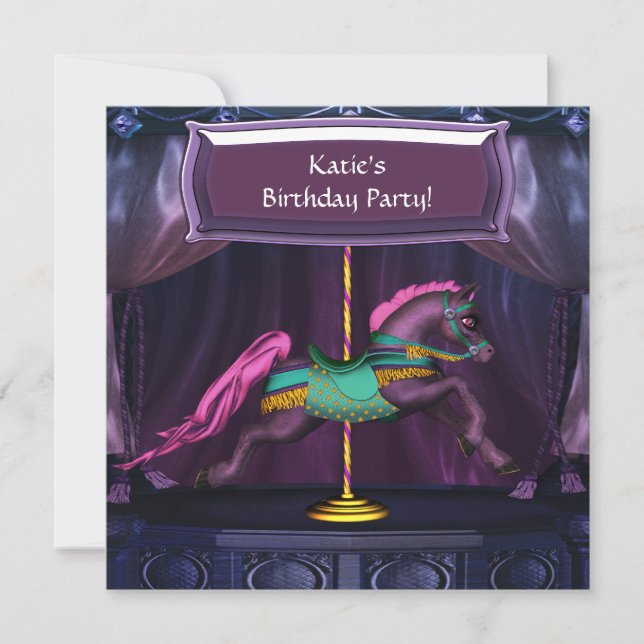 Invitación de cumpleaños de caballo de carrusel pú (Anverso)