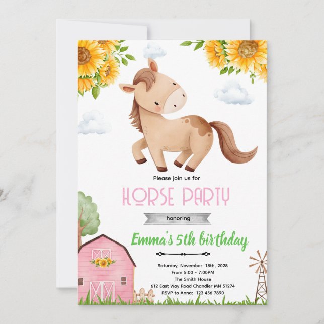 invitación de cumpleaños de caballo de girasol (Anverso)