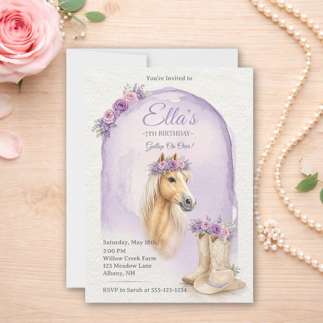Invitación de cumpleaños de caballo floral morado  (Subido por el creador)