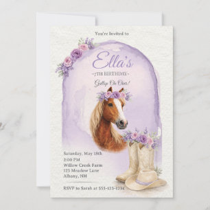 Invitación de cumpleaños de caballo floral púrpura