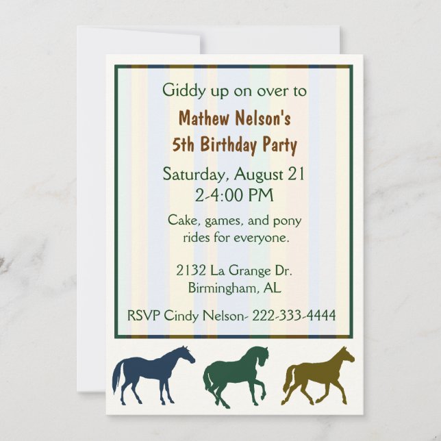 Invitación de cumpleaños de caballos coloridos (Anverso)