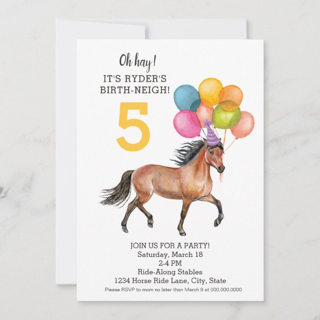 Invitación de cumpleaños de caballos editable // A (Anverso)