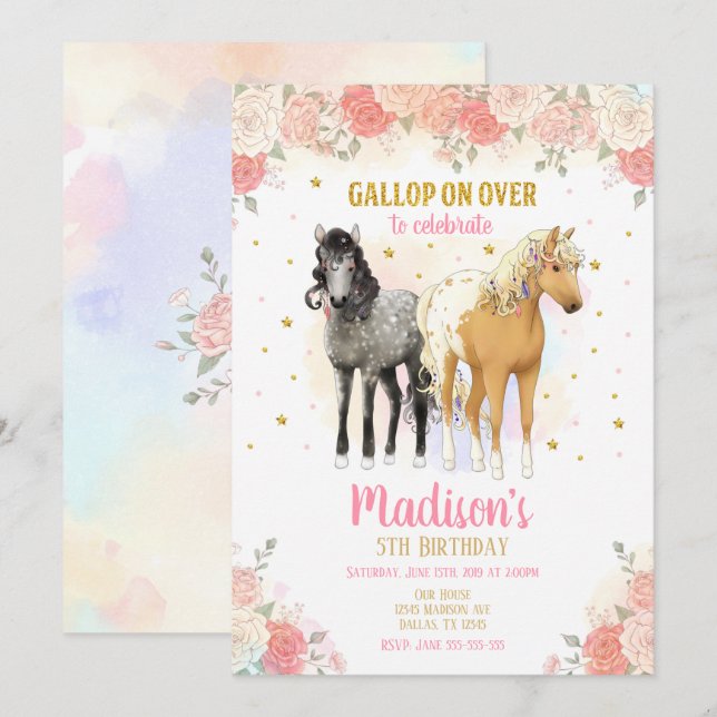 Invitación de cumpleaños de caballos y flores de b (Anverso / Reverso)