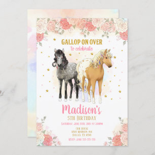 Invitación de cumpleaños de caballos y flores de b