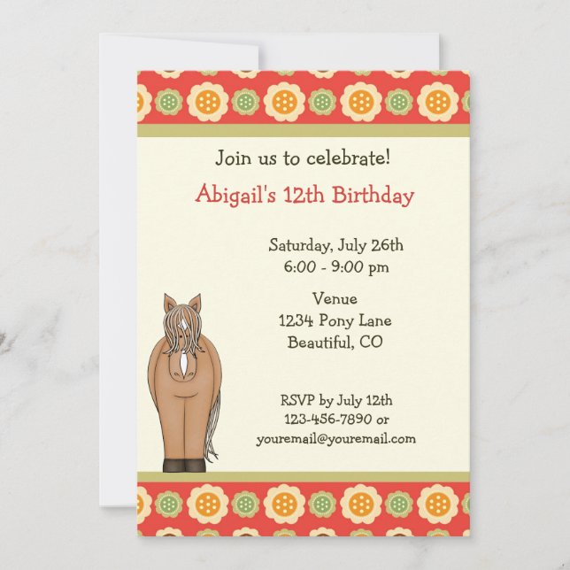 Invitación de cumpleaños de caballos y flores para (Anverso)