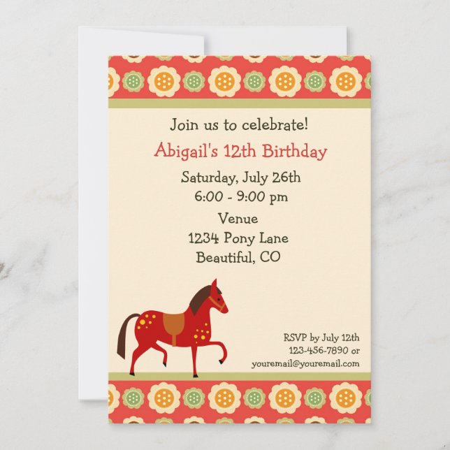 Invitación de cumpleaños de caballos y flores para (Anverso)