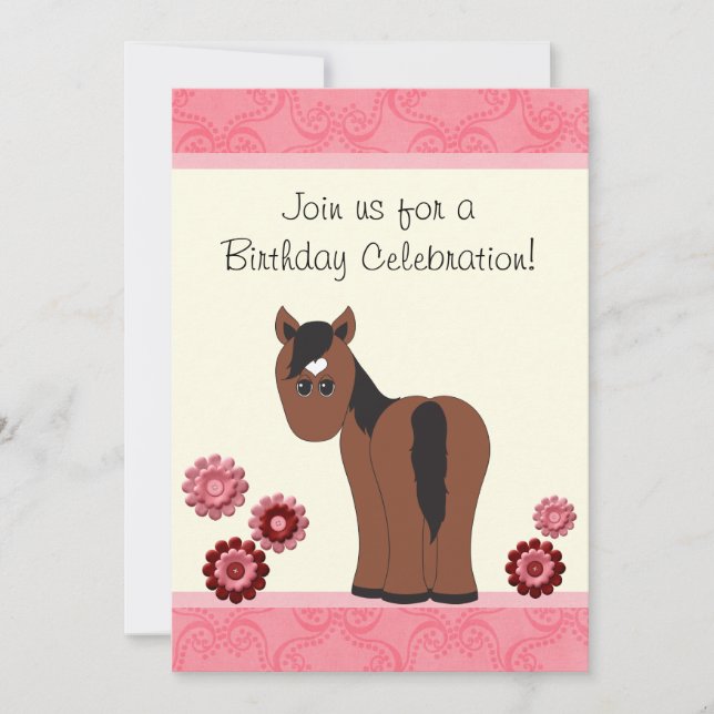 Invitación de cumpleaños de caballos y flores para (Anverso)