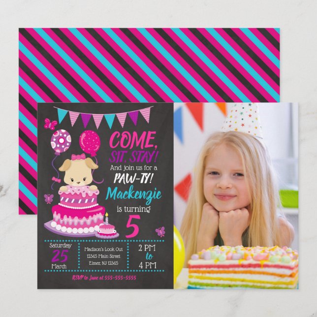 Invitación de cumpleaños de cachorrita Fiesta de P (Anverso / Reverso)