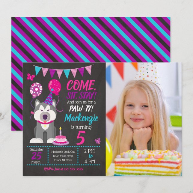Invitación de cumpleaños de cachorrita Paw-ty Husk (Anverso / Reverso)