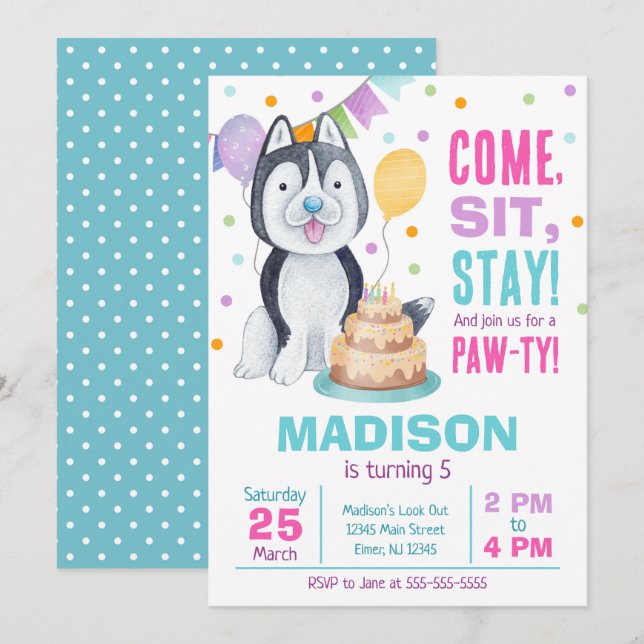 Invitación de cumpleaños de cachorrita Paw-ty Husk (Anverso / Reverso)