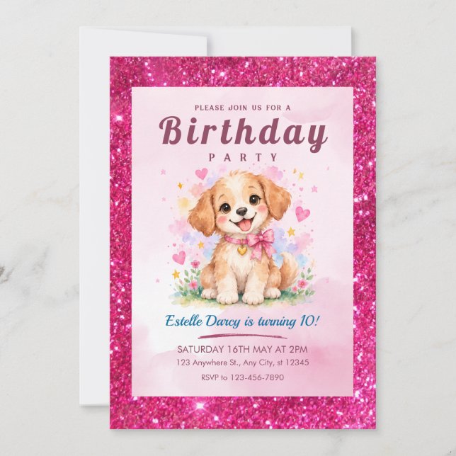 Invitación de cumpleaños de cachorro adorable (Anverso)