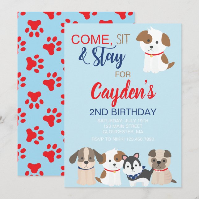 invitación de cumpleaños de cachorro azul rojo (Anverso / Reverso)