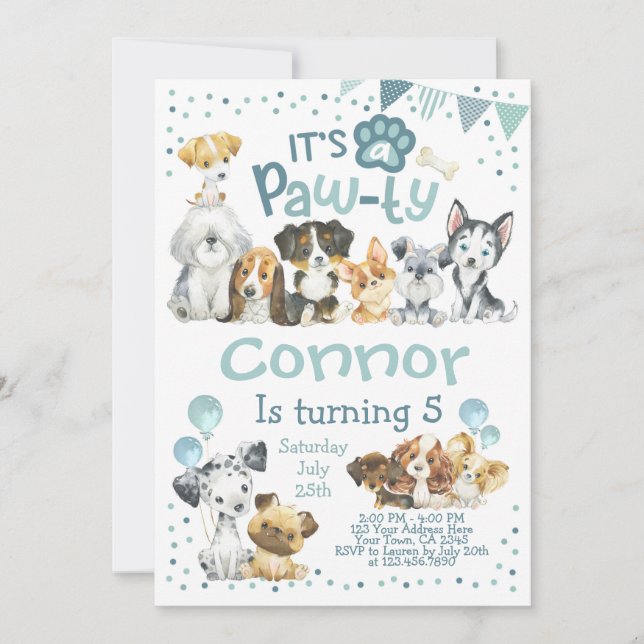 Invitación de cumpleaños de cachorro, fiesta de cu (Anverso)