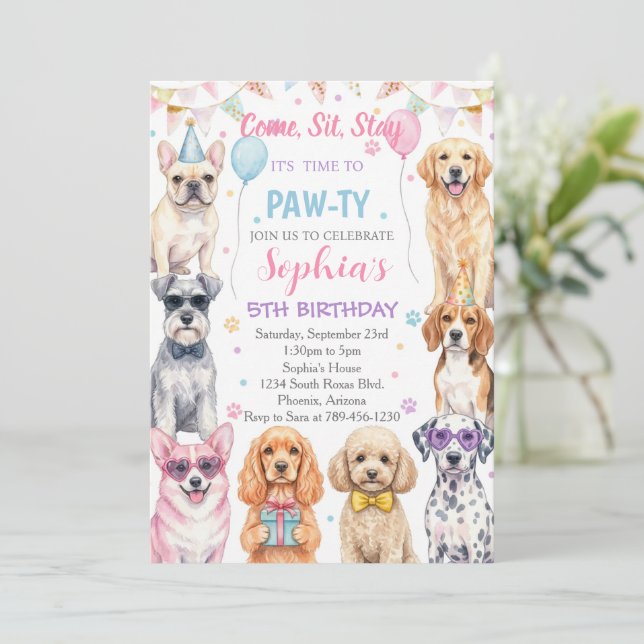 Invitación de cumpleaños de cachorro Fiesta de per (Anverso de pie)