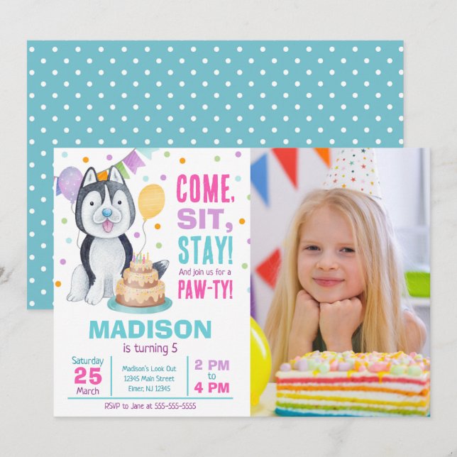 Invitación de cumpleaños de cachorro Foto de niña  (Anverso / Reverso)