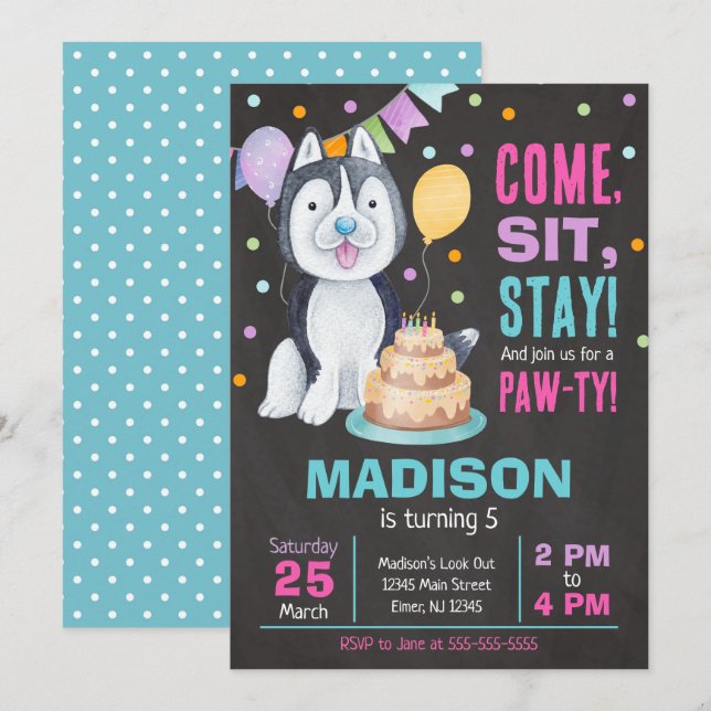 Invitación de cumpleaños de cachorro Girl Paw-ty H (Anverso / Reverso)