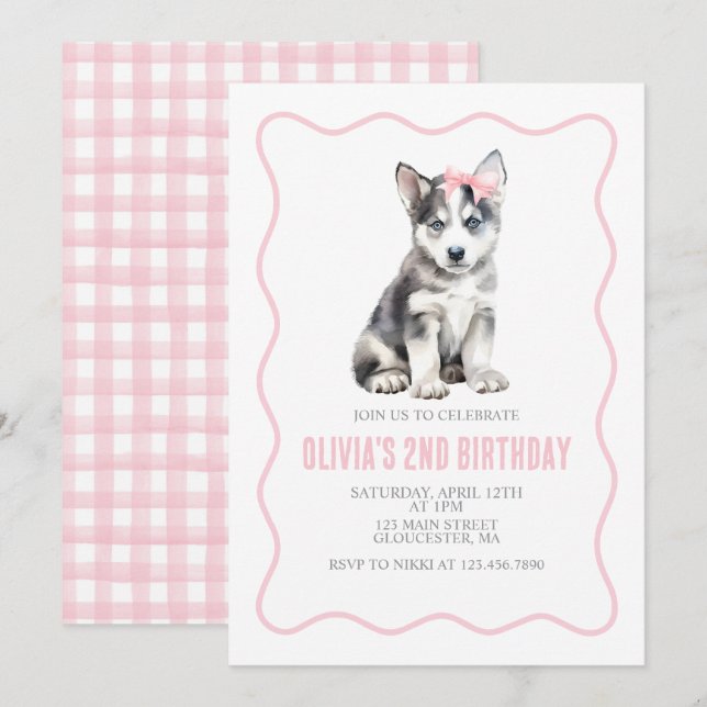 Invitación de cumpleaños de cachorro husky a cuadr (Anverso / Reverso)