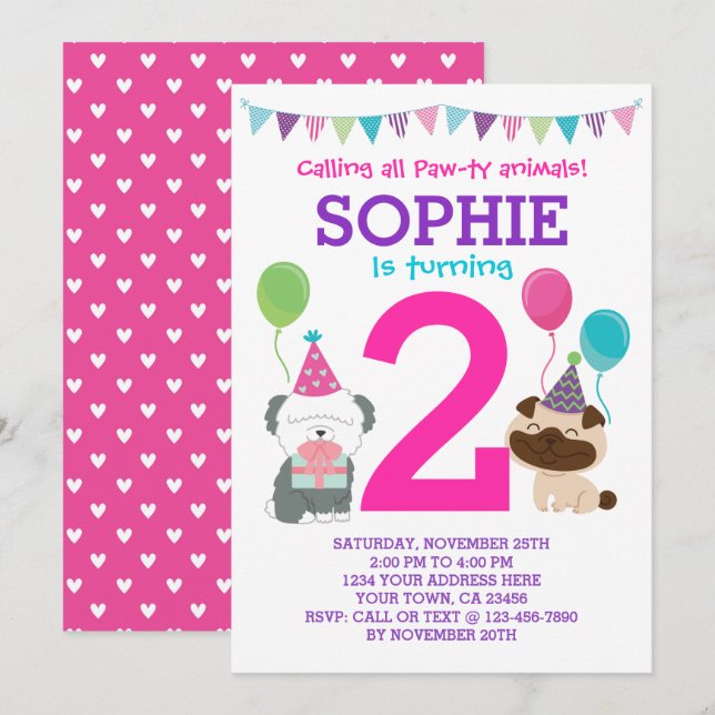 Invitación de cumpleaños de cachorro para chicas (Anverso / Reverso)