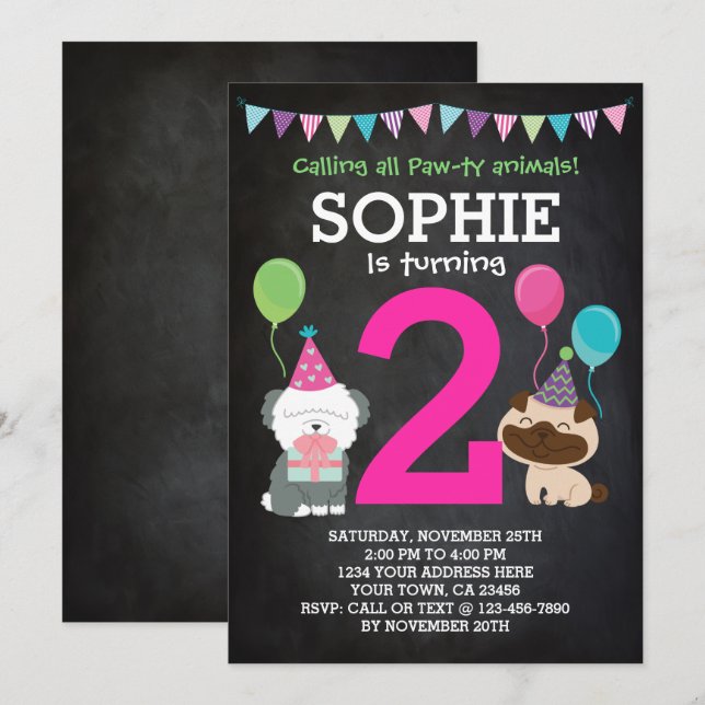 Invitación de cumpleaños de cachorro para chicas,  (Anverso / Reverso)