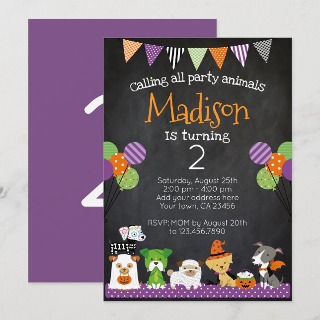 Invitación de cumpleaños de Cachorros de Halloween (Anverso / Reverso)