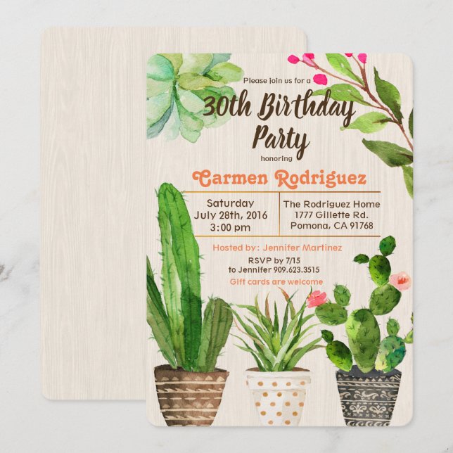 Invitación de cumpleaños de cactus suculento para  (Anverso / Reverso)
