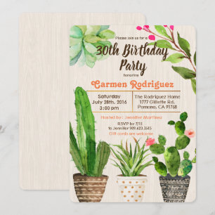 Invitación de cumpleaños de cactus suculento para 